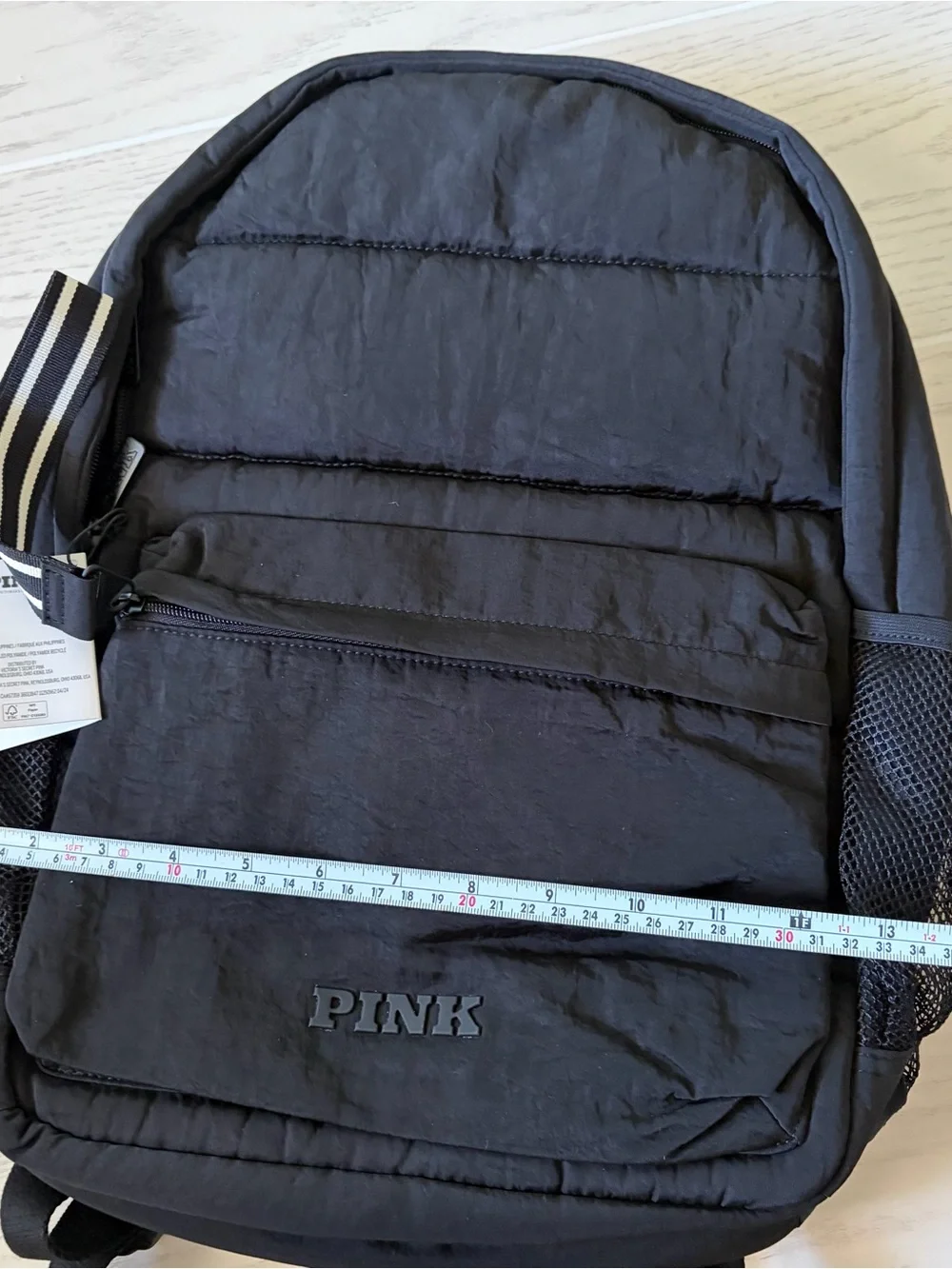 PINK Victoria's Secret Black Quilted Puffer Backpack with Stripe Accent
